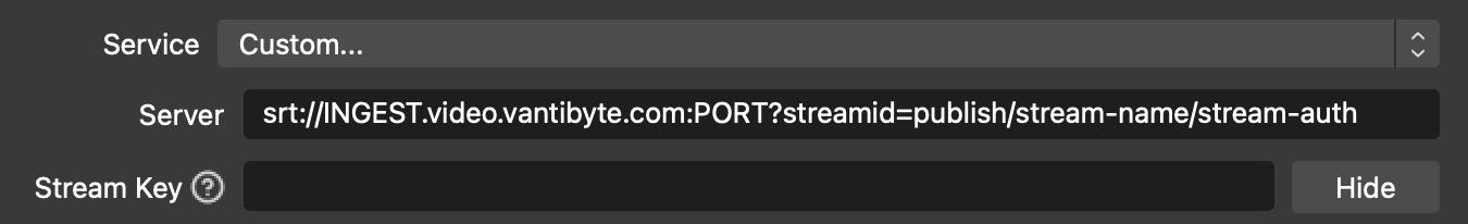 OBS Stream settings page, with the server url set